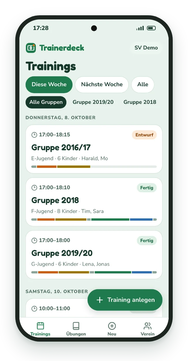Übersicht der Trainings einer Woche